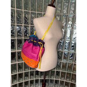 Vintage Rare Genuine Leather Made In The USA ColorBlock Jeweled Bucket Bag Purse
